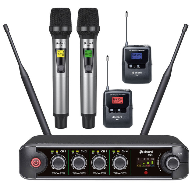 System mikrofonowy Chord XU4-C 4-kanałowy UHF, 2x mikrofon ręczny, 2x mikrofon na pasek