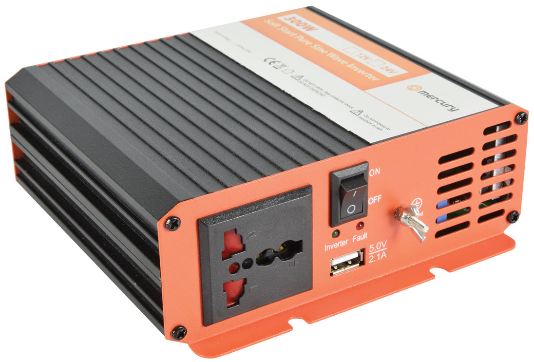 Falownik Mercury IPS300-12 z łagodnym startem, czysta fala sinusoidalna, 12 V DC, 300 W