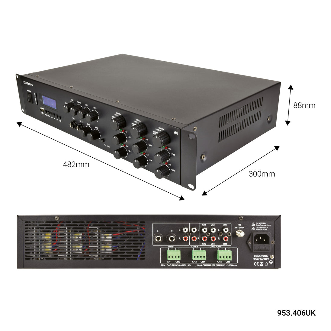 Wielostrefowy wzmacniacz stereofoniczny PA Adastra A6 6x 200W – zdjęcie 2