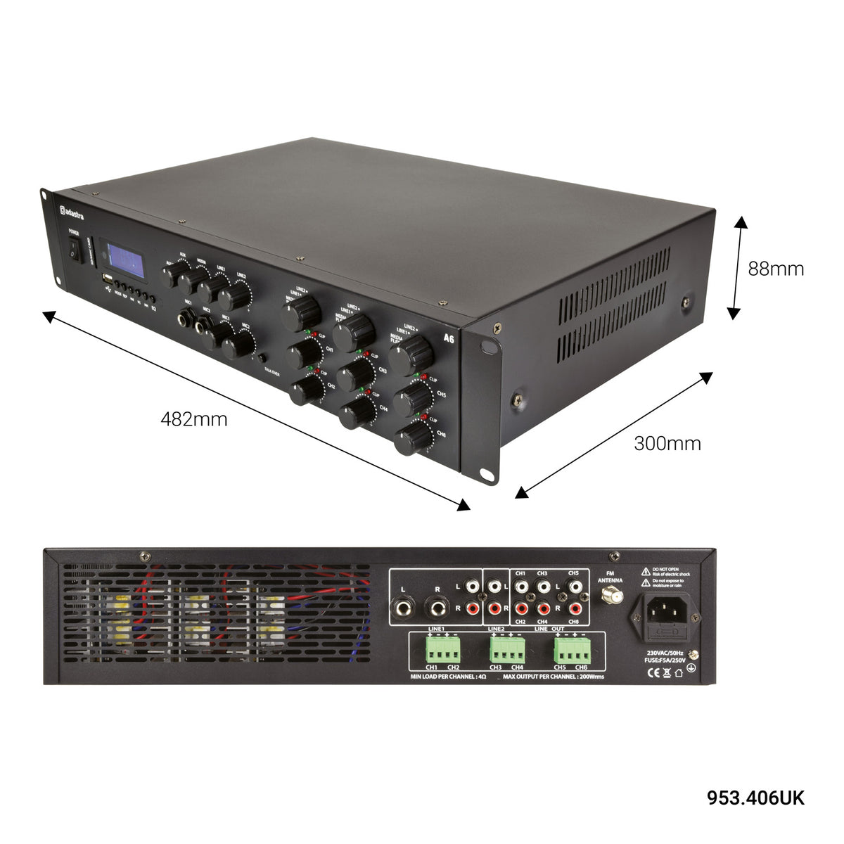 Wielostrefowy wzmacniacz stereofoniczny PA Adastra A6 6x 200W – zdjęcie 2