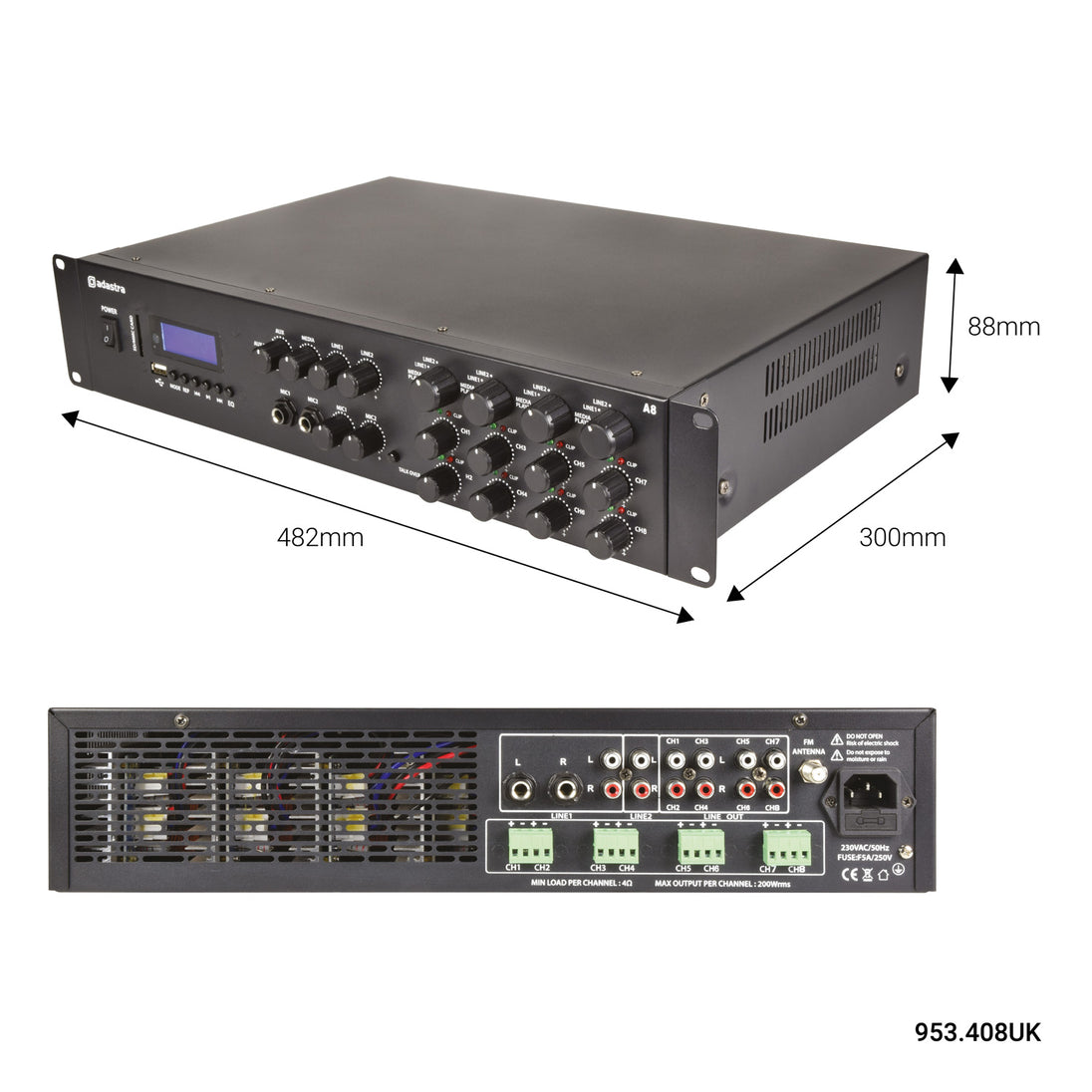 Wzmacniacz stereo PA wielostrefowy Adastra A8 8x 200W – zdjęcie 2